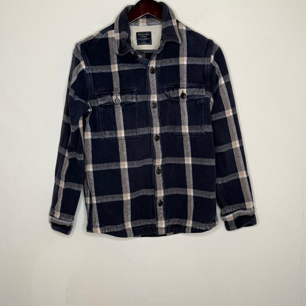 Abercrombie & Fitch Plaid Flannel Shirt Jacket Navy Cotton Sz Small Grunge Cozy - Picture 11 of 11